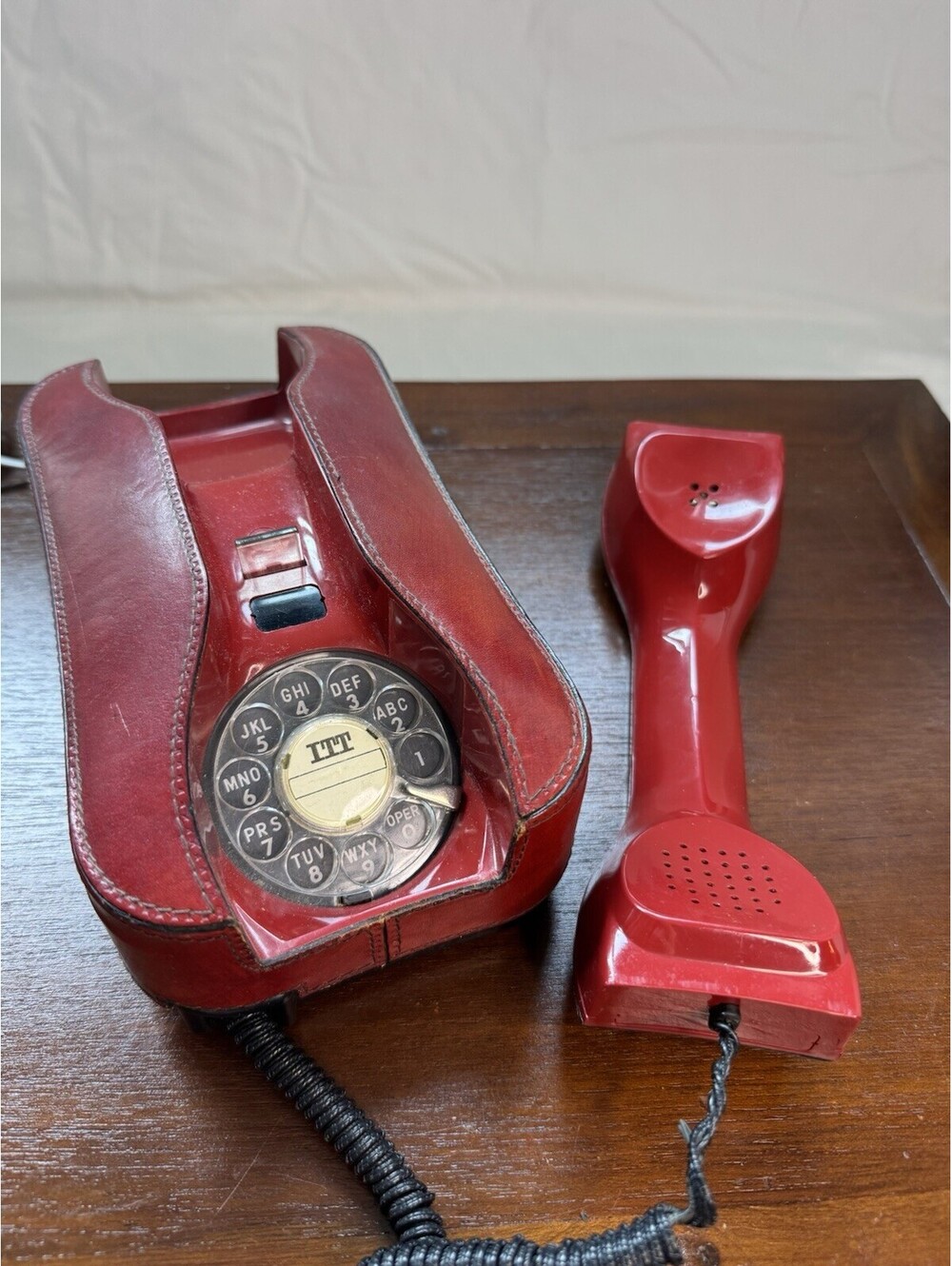 ITT Red Leather Wrapped Vintage Retro Rotary Dial Corded Telephone w/ Handset